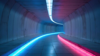 futuristic neon tunnel glowing with red and blue lights creating a sci fi atmosphere with illuminated walls and reflective floor in a modern corridor concept of gaming industry, technology company