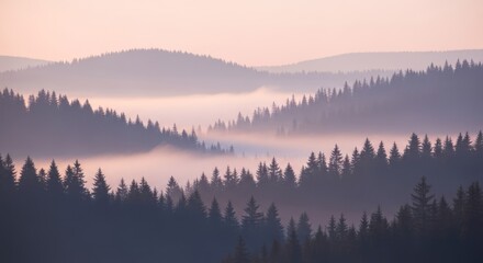 A misty morning in the mountains with pine trees and fog.