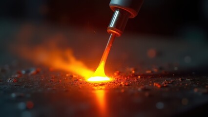 Bright welding sparks erupt from a metal rod as a torch cuts through steel on a workshop table, surrounded by scattered glowing particles. Concept of metalworking engineering, industrial safety 