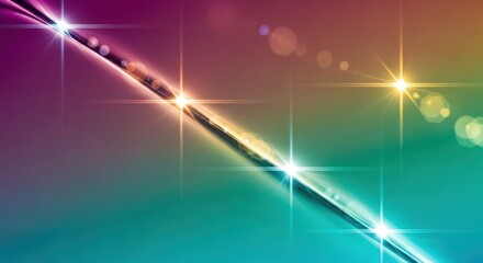 A rainbow-colored abstract background with a diagonal line and star-like lights.