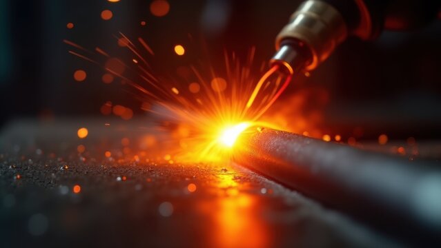 Bright welding sparks erupt from a metal rod as a torch cuts through steel on a workshop table, surrounded by scattered glowing particles. Concept of metalworking engineering, industrial safety  - Powered by Adobe