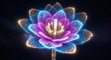 A vibrant, colorful, abstract lotus flower with a starry, cosmic background.