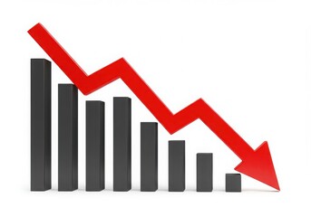 Red arrow pointing down over declining bar graph isolated on white background