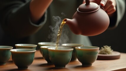 Woman pouring tea from teapot into cup, tranquil wooden tray scene with black ceramic teaware and bowls on rustic surface, concept of tea culture, mindfulness retreats, wellness spa