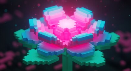 A vibrant, pixelated flower with pink and blue hues, surrounded by floating particles and a dark, blurred background.