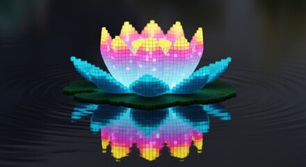 A colorful pixelated lotus flower floating on water with a dark background.