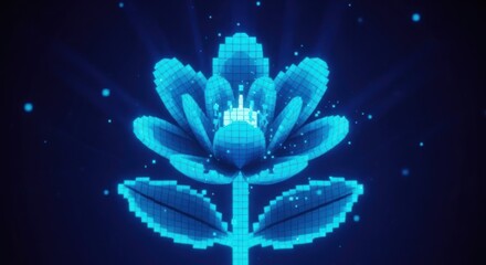 A blue and white pixelated flower with a castle in the center, emitting light and surrounded by a dark blue background.