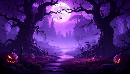 Spooky path leads to a mysterious castle under a full moon, surrounded by gnarled trees and carved pumpkins
