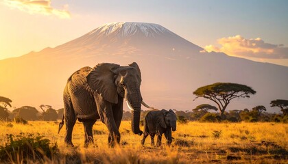 Majestic elephants in a golden savannah with a snow-capped mountain in the background