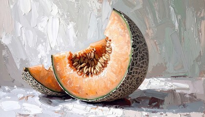 A cantaloupe half rests, seeds visible, showcasing impasto style and soft, neutral