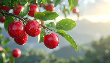 Obraz premium Ripe red berries cluster on branch, leaves, blurred background