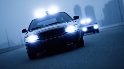 Fototapeta premium Police car with flashing lights is speeding down an urban road at night, showcasing emergency response in action with blurred cityscape in the background