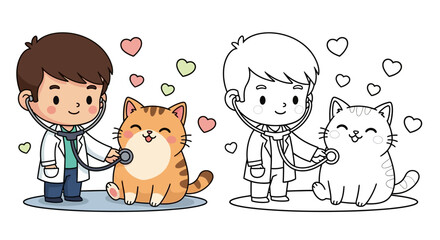 Veterinarian Examining a Cat Illustration,coloring page.