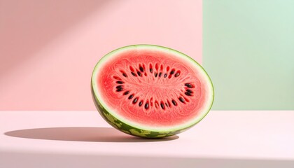 A refreshing watermelon half contrasts pink, green backdrop with sleek, minimalist