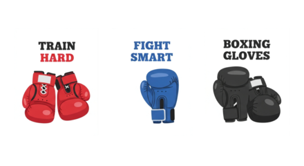 An illustration featuring boxing gloves in red, blue, and black, accompanied by motivational phrases, perfect for sports-related promotions and fitness campaigns.