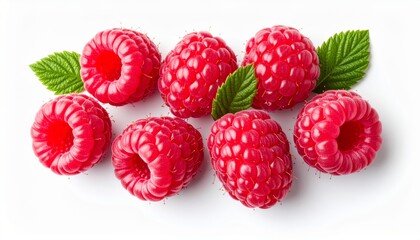 A vibrant arrangement of fresh raspberries with green leaves on a white background