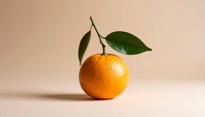 A vibrant orange fruit with leaves rests on a neutral surface in even studio lighting.