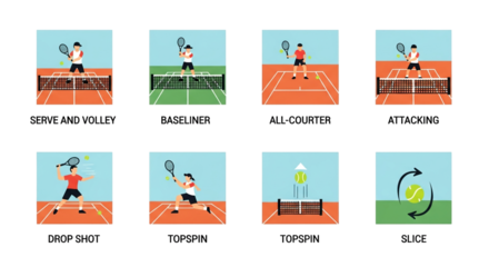 An illustrated guide showcases various tennis techniques, including serve and volley, baseliner, all-courter, attacking, drop shot, topspin, and slice, with visual representations.