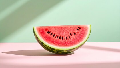 A vibrant watermelon slice rests against a backdrop of pastel pink and light green hues.