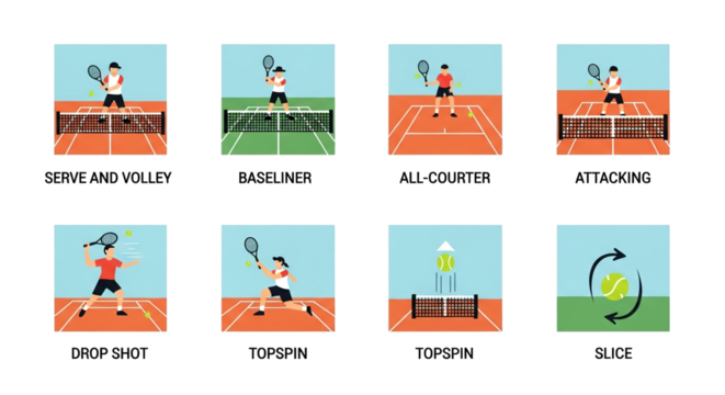 An illustrated guide showcases various tennis techniques, including serve and volley, baseliner, all-courter, attacking, drop shot, topspin, and slice, with visual representations.