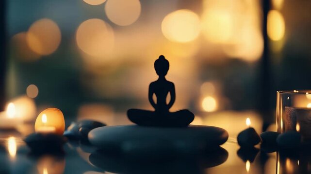 A small meditating statue in a lotus pose on stacked stones, with candlelight and warm bokeh in the background.