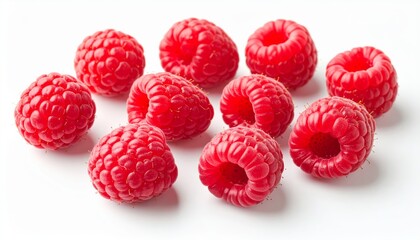 Bright, vibrant raspberries are scattered on a white surface in a studio setting.