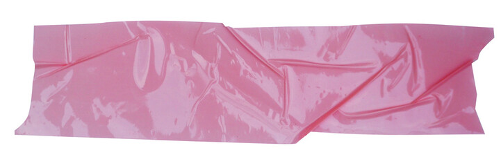 Crumpled torn pieces of pink old rose pastel packing tape, adhesive sealing tape, sticky torn plastic on transparent background