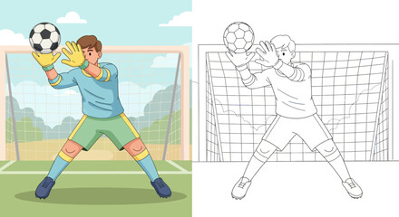 Fototapeta premium Determined Soccer Goalkeeper Catching Ball Dynamic Sports Illustration with Outline Version