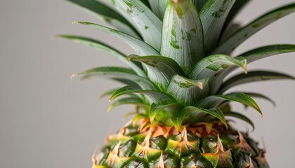 Close-up showcases the vibrant green leaves and textured skin of a fresh pineapple.
