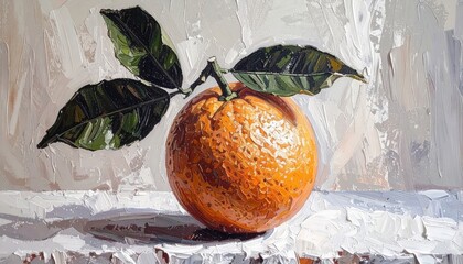 Expressive still life painting depicts a vibrant orange with leaves on a textured surface.