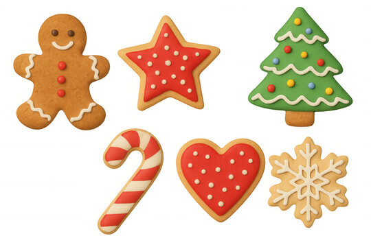 Christmas gingerbread cookies with icing creating festive holiday shapes on transparent background