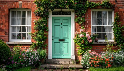 Quaint brick house with a teal door and lush flowerbeds