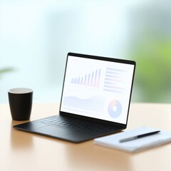 Laptop displaying data visualizations and graphs on a wooden desk, with a coffee cup and notepad nearby, creating a productive workspace atmosphere for analysis and planning