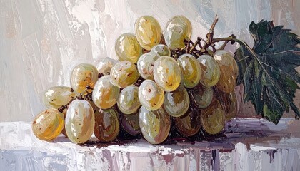 Still life artwork depicts a luscious cluster of green grapes with impasto brushstrokes.