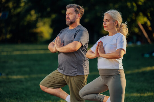 Senior Couple Practicing Tree Pose in Park at Sunset