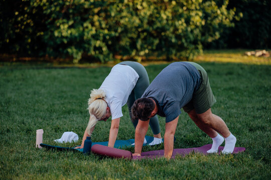 Senior couple practicing downward-facing dog pose on yoga mats in park