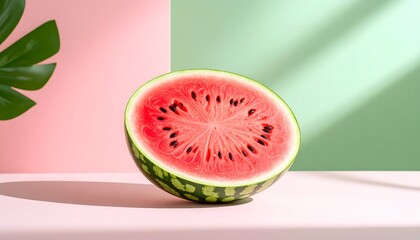 Still life shot of halved watermelon reflecting healthy and vibrant summer on studio set.
