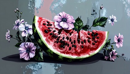 Still life of a vibrant watermelon slice adorned with delicate purple flowers and leaves.
