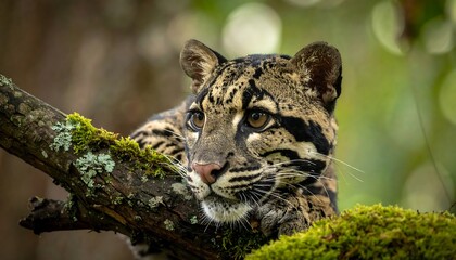 Close-up of a clouded leopard resting on a mossy branch