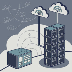 Modern cloud computing network infrastructure with servers and wireless data transfer connections