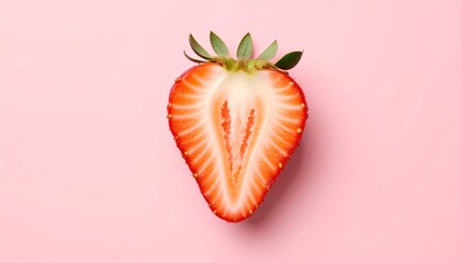 Studio shot showcases a halved strawberry's vibrant color and texture on pink backdrop.