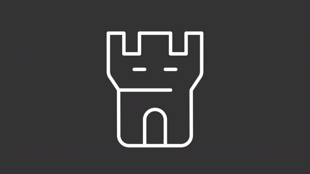 Castle tower ui icon white line animation. Medieval architecture landmark. Past time cultural heritage. Ancient palace animated user interface element on dark background. Transparent HD video