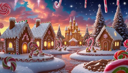 Whimsical gingerbread village and candy land castle with winter festive christmas spirit