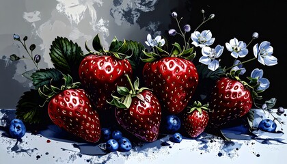 Stylized still life of vibrant strawberries, blueberries and blossoms in dark tones.