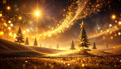 Golden Christmas Eve landscape with sparkling lights, star-topped trees, and a celestial trail.