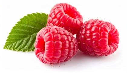 Three ripe raspberries with a vibrant green leaf sit against a clean white backdrop.