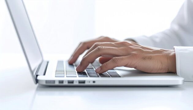 Hands typing on a laptop keyboard, close up view against a bright, white background. Focus is on hands and the keyboard