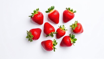 Vibrant arrangement displays fresh, ripe strawberries with their verdant green caps, top