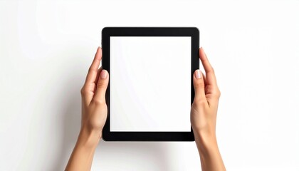 Hands holding a blank tablet screen
