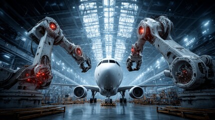 Robotic arms working on an airplane in a modern factory